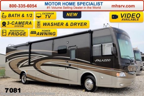 /TX 7/1/14 &lt;a href=&quot;http://www.mhsrv.com/thor-motor-coach/&quot;&gt;&lt;img src=&quot;http://www.mhsrv.com/images/sold-thor.jpg&quot; width=&quot;383&quot; height=&quot;141&quot; border=&quot;0&quot;/&gt;&lt;/a&gt;  2014 CLOSEOUT! Receive a $1,000 VISA Gift Card with purchase from Motor Home Specialist while supplies last!  Visit MHSRV .com or Call 800-335-6054 for complete details.      &lt;object width=&quot;400&quot; height=&quot;300&quot;&gt;&lt;param name=&quot;movie&quot; value=&quot;//www.youtube.com/v/lox2FKllvBE?version=3&amp;amp;hl=en_US&quot;&gt;&lt;/param&gt;&lt;param name=&quot;allowFullScreen&quot; value=&quot;true&quot;&gt;&lt;/param&gt;&lt;param name=&quot;allowscriptaccess&quot; value=&quot;always&quot;&gt;&lt;/param&gt;&lt;embed src=&quot;//www.youtube.com/v/lox2FKllvBE?version=3&amp;amp;hl=en_US&quot; type=&quot;application/x-shockwave-flash&quot; width=&quot;400&quot; height=&quot;300&quot; allowscriptaccess=&quot;always&quot; allowfullscreen=&quot;true&quot;&gt;&lt;/embed&gt;&lt;/object&gt; Family Owned &amp; Operated and the #1 Volume Selling Motor Home Dealer in the World as well as the #1 Thor Motor Coach Dealer in the World.  MSRP $212,004. All New 2014 Thor Motor Coach Palazzo Diesel Pusher. Model 36.1 Bath &amp; 1/2. This Diesel Pusher RV features (2) slide-out rooms including a driver&#39;s side full wall slide, booth dinette, LED TV and optional stack washer/dryer set. Optional equipment includes a Vintage Maple wood package, Ridgewood full body paint exterior, Rhapsody interior decor, exterior LCD TV, invisible front paint protection, overhead bunk &amp; stackable washer/dryer. The 2014 Palazzo also features a 300 HP Cummins diesel engine with 660 lbs. of torque, Freightliner XC chassis, 6000 Onan diesel generator with AGS, power driver&#39;s seat, inverter, LCD TV/DVD, residential refrigerator, solid surface countertops, (2) ducted roof A/C units, 3-camera monitoring system, one piece windshield, fiberglass storage compartments, fully automatic hydraulic leveling system, automatic entry step, electric patio awning and much more. For additional coach information, brochures, window sticker, videos, photos, Palazzo reviews &amp; testimonials as well as additional information about Motor Home Specialist and our manufacturers please visit us at MHSRV .com or call 800-335-6054. At Motor Home Specialist we DO NOT charge any prep or orientation fees like you will find at other dealerships. All sale prices include a 200 point inspection, interior &amp; exterior wash &amp; detail of vehicle, a thorough coach orientation with an MHS technician, an RV Starter&#39;s kit, a nights stay in our delivery park featuring landscaped and covered pads with full hook-ups and much more. WHY PAY MORE?... WHY SETTLE FOR LESS?
