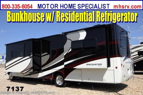 /TX 9/30/2013 &lt;a href=&quot;http://www.mhsrv.com/coachmen-rv/&quot;&gt;&lt;img src=&quot;http://www.mhsrv.com/images/sold-coachmen.jpg&quot; width=&quot;383&quot; height=&quot;141&quot; border=&quot;0&quot; /&gt;&lt;/a&gt;Receive a $2,000 VISA Gift Card with purchase. Offer expires Sept. 30th, 2013.  This Unit is also an EMERGENCY 911 Inventory Reduction Sale Unit! DRASTICALLY REDUCED to Make Room for Over 650 New 2014 Models on Order! Don&#39;t hesitate! When it&#39;s gone.......it&#39;s GONE! #1 ENCOUNTER DEALER IN AMERICA! &lt;object width=&quot;400&quot; height=&quot;300&quot;&gt;&lt;param name=&quot;movie&quot; value=&quot;http://www.youtube.com/v/_cfHrOjIfJo?version=3&amp;amp;hl=en_US&quot;&gt;&lt;/param&gt;&lt;param name=&quot;allowFullScreen&quot; value=&quot;true&quot;&gt;&lt;/param&gt;&lt;param name=&quot;allowscriptaccess&quot; value=&quot;always&quot;&gt;&lt;/param&gt;&lt;embed src=&quot;http://www.youtube.com/v/_cfHrOjIfJo?version=3&amp;amp;hl=en_US&quot; type=&quot;application/x-shockwave-flash&quot; width=&quot;400&quot; height=&quot;300&quot; allowscriptaccess=&quot;always&quot; allowfullscreen=&quot;true&quot;&gt;&lt;/embed&gt;&lt;/object&gt;  MSRP $154,448. New 2014 Coachmen Encounter. Model 36BH. This Luxury Class A Bunk Model RV measures approximately 37 feet 7 inches in length and features (3) slide-out rooms, fireplace &amp; king bed. Optional equipment includes the beautiful Cognac Maple wood package, real ceramic tile flooring, cook top with convection microwave, valve stem extenders, side by side residential refrigerator, inverter, (2) 6 volt batteries, dual pane windows, 6 way power driver seat, MCD power sun visor, exterior entertainment center with 32 inch TV, TV with DVD player for each bunk, Diamond Shield paint protection, home theater system with sub woofer, Travel Easy Roadside Assistance &amp; RVID. You will also find a powerful Triton V-10 Ford, 22-Series chassis, aluminum wheels, 5500 Onan generator, side cameras &amp; much more. CALL MOTOR HOME SPECIALIST at 800-335-6054 or VISIT MHSRV .com FOR ADDITONAL PHOTOS, DETAILS, BROCHURE, VIDEOS &amp; MORE. At Motor Home Specialist we DO NOT charge any prep or orientation fees like you will find at other dealerships.  All sale prices include a 200 point inspection, interior &amp; exterior wash &amp; detail of vehicle, a thorough coach orientation with an MHS technician, an RV Starter&#39;s kit, a nights stay in our delivery park featuring landscaped and covered pads with full hook-ups and much more! Read From Thousands of Testimonials at MHSRV .com and See What They Had to Say About Their Experience at Motor Home Specialist. WHY PAY MORE?...... WHY SETTLE FOR LESS?