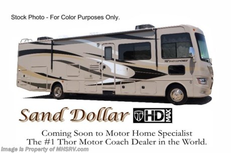 /TX **SOLD** &lt;a href=&quot;http://www.mhsrv.com/thor-motor-coach/&quot;&gt;&lt;img src=&quot;http://www.mhsrv.com/images/sold-thor.jpg&quot; width=&quot;383&quot; height=&quot;141&quot; border=&quot;0&quot;/&gt;&lt;/a&gt;   &lt;object width=&quot;400&quot; height=&quot;300&quot;&gt;&lt;param name=&quot;movie&quot; value=&quot;http://www.youtube.com/v/fBpsq4hH-Ws?version=3&amp;amp;hl=en_US&quot;&gt;&lt;/param&gt;&lt;param name=&quot;allowFullScreen&quot; value=&quot;true&quot;&gt;&lt;/param&gt;&lt;param name=&quot;allowscriptaccess&quot; value=&quot;always&quot;&gt;&lt;/param&gt;&lt;embed src=&quot;http://www.youtube.com/v/fBpsq4hH-Ws?version=3&amp;amp;hl=en_US&quot; type=&quot;application/x-shockwave-flash&quot; width=&quot;400&quot; height=&quot;300&quot; allowscriptaccess=&quot;always&quot; allowfullscreen=&quot;true&quot;&gt;&lt;/embed&gt;&lt;/object&gt;  MSRP $131,848. Thor Motor Coach Windsport 34F Model. This all new Class A motor home measures approximately 35 feet 10 inches in length &amp; features a 22,000-lb. Ford chassis, a V-10 Ford engine, a full wall slide, a king bed, a leatherette U-Shaped dinette &amp; mid-ship LCD TV with TV swivel-system. Other features on the 2014 Windsport 34F include progressive styled front and rear caps, 82 inch interior ceilings, a leatherette hide-a-bed sofa, stack washer/dryer prep, automatic leveling jacks, an Onan generator, second auxiliary batteries, electric/gas water heater, rear roof air conditioner, electric entry step, 5,000 lb. hitch and much more. Optional equipment includes the Sand Dollar HD-Max exterior, bedroom LCD TV, solid surface kitchen counter, electric drop down over head bunk above captain&#39;s chairs, heated holding tank pads, power roof vent in kitchen area, valve stem extenders, exterior entertainment center with large LCD TV, 6 way power driver seat, heated power mirrors with integrated side view cameras and a exterior kitchen that includes a 600 watt inverter, refrigerator, preparation counter with sink and a portable gas grill. FOR INTERNET SALE PRICE, ADDITIONAL DETAILS, VIDEOS &amp; MORE PLEASE VISIT MOTOR HOME SPECIALIST at MHSRV .com or Call 800-335-6054. At Motor Home Specialist we DO NOT charge any prep or orientation fees like you will find at other dealerships. All sale prices include a 200 point inspection, interior &amp; exterior wash &amp; detail of vehicle, a thorough coach orientation with an MHS technician, an RV Starter&#39;s kit, a nights stay in our delivery park featuring landscaped and covered pads with full hook-ups and much more! Read From Thousands of Testimonials at MHSRV .com and See What They Had to Say About Their Experience at Motor Home Specialist. WHY PAY MORE?...... WHY SETTLE FOR LESS?