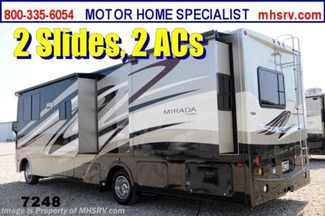 /tx 3/19/2014 *SOLD*  Receive a $1,000 VISA Gift Card with purchase at The #1 Volume Selling Motor Home Dealer in the World! Offer expires March 31st, 2013. Visit MHSRV .com or Call 800-335-6054 for complete details. 
&lt;object width=&quot;400&quot; height=&quot;300&quot;&gt;&lt;param name=&quot;movie&quot; value=&quot;//www.youtube.com/v/b3NiSti3EzA?hl=en_US&amp;amp;version=3&quot;&gt;&lt;/param&gt;&lt;param name=&quot;allowFullScreen&quot; value=&quot;true&quot;&gt;&lt;/param&gt;&lt;param name=&quot;allowscriptaccess&quot; value=&quot;always&quot;&gt;&lt;/param&gt;&lt;embed src=&quot;//www.youtube.com/v/b3NiSti3EzA?hl=en_US&amp;amp;version=3&quot; type=&quot;application/x-shockwave-flash&quot; width=&quot;400&quot; height=&quot;300&quot; allowscriptaccess=&quot;always&quot; allowfullscreen=&quot;true&quot;&gt;&lt;/embed&gt;&lt;/object&gt; 
#1 Volume Selling Dealer in the World!  M.S.R.P $110,633 - New 2014 Coachmen Mirada SE. Model 29DS with 2 Slide-out rooms. (MHSRV Edition) The Mirada SE perfectly blends style &amp; function with the unrivaled affordability that can only be found at Motor Home Specialist. It measures approximately 32ft. 6in. in length. Special ordered features include upgraded chrome headlight covers with LED accent lighting, 50 amp service, (2) roof mounted air conditioning units with Coachmen&#39;s &quot;Even Cool&quot; A/C ducting system, a 5500 Onan generator, Corian kitchen countertop, designer wall boards in slide-outs, 3-camera coach monitoring system with blinker activated side view cameras, upgraded Cognac Maple wood package, superior Lamalux 4000 exterior sidewalls utilizing Coachmen&#39;s Exclusive AZDEL composite construction and full body paint exterior with Diamond Shield front end paint protection. Additional exterior features include automatic leveling system, one piece windshield, power awning, stylish front &amp; rear fiberglass caps with recessed running lights, rear roof ladder, a 5000 lb. hitch, electric entrance steps, tinted safety glass windows, deep slide-out rooms including bedroom slide featuring (2) side bedroom windows for cross ventilation, slide-out room awning toppers, large rear bedroom window, outside shower, Coachmen&#39;s NO-MESS Termination system, stainless steel wheel liners and heated holding tanks. A few of the interior highlights include raised panel hardwood cabinet doors, 32in. LCD TV in living room, recessed LCD TV in bedroom, DVD player, two tone &quot;Soft-Touch&quot; leatherette booth dinette/sleeper, two tone leatherette captain&#39;s chairs and leatherette sofa/sleeper. You will also find seatbelts located in the sofa and booth dinette. This unit also has solid surface sink covers in the kitchen, upgraded pull out faucet, 3-burner range with splash guard, oven, microwave, refrigerator, pantry, lots of overhead cabinet space, private side isle bath with sliding glass door shower, skylight, porcelain commode, large side isle bathroom counter top and vanity area, master bedroom privacy pocket door, huge bank of cabinet and drawers in master bedroom, designer bedroom curtains, bedding and pillow shams, over head storage and more. For additional information, brochure, window sticker, videos and photos please visit Motor Home Specialist at MHSRV .com or call 800-335-6054. At Motor Home Specialist we DO NOT charge any prep or orientation fees like you will find at other dealerships. All sale prices include a 200 point inspection, interior &amp; exterior wash &amp; detail of vehicle, a thorough coach orientation with an MHSRV technician, an RV Starter&#39;s kit, a nights stay in our delivery park featuring landscaped and covered pads with full hook-ups and much more! Read Thousands of Testimonials and Mirada reviews at MHSRV .com and See What They Had to Say About Their Experience at Motor Home Specialist. WHY PAY MORE?...... WHY SETTLE FOR LESS?