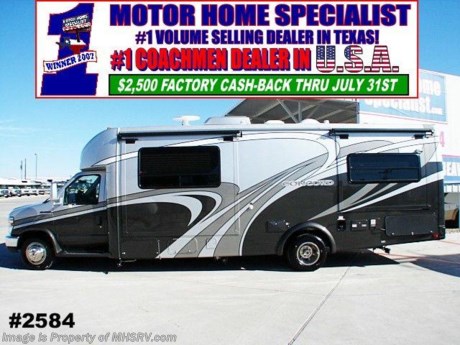 &lt;a href=&quot;http://www.mhsrv.com/inventory_mfg.asp?brand_id=113&quot;&gt;&lt;img src=&quot;http://www.mhsrv.com/images/sold-coachmen.jpg&quot; width=&quot;383&quot; height=&quot;141&quot; border=&quot;0&quot; /&gt;&lt;/a&gt;
Class C motor home - Sold 06/21/08 **TAKE ADVANTAGE OF AN ADDITIONAL $2,500 CASH REBATE FROM COACHMEN RV GROUP THRU JULY 31st** FREE $2,000 FUEL CARD WITH PURCHASE OF THIS UNIT THRU JULY 4TH 2008. NEW RV NOW 30% OFF M.S.R.P. NEW 2008 Coachmen Concord W/2 slides. Model 275DS. This incredible new coach is powered by the Ford V-10 engine on the E-450 chassis. This unit also features air assist suspension, generator, 13.5K BTU ducted roof A/C, power windows &amp; locks, cruise control, tilt wheel, power remote exterior mirrors with defrost, AM/FM/WB/CD dash stereo with flip out monitor, back-up camera, Brazilian Cherry cabinetry, 26&quot; LCD TV in front with DVD player, Bose Wave Radio sound system, cedar lined wardrobe closets, Coachmen Command center, U-shaped dinette, high visibility LED exterior driving/running lights, exterior entertainment center, fiberglass running boards, patio awning, exclusive Water Works utility panel and much more. In addition to this impressive list of standards this Concord also has the optional Dual RV battery pack, Power entrance step, stainless steel wheel inserts, front end protection and beautiful full body paint. Please feel free to call 800-335-6054 or visit www.mhsrv.com to learn more about this exciting new product from Coachmen Recreational Vehicles. 