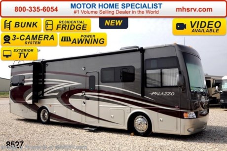 /SOLD 9/25/14
PRICE INCLUDES $5,000 FACTORY REBATE. Offer Ends Sept. 30th, 2014. World&#39;s RV Show Sale Priced Now Through Sept 6th. Call 800-335-6054 for Details.  &lt;object width=&quot;400&quot; height=&quot;300&quot;&gt;&lt;param name=&quot;movie&quot; value=&quot;//www.youtube.com/v/8gfPRl905fU?hl=en_US&amp;amp;version=3&quot;&gt;&lt;/param&gt;&lt;param name=&quot;allowFullScreen&quot; value=&quot;true&quot;&gt;&lt;/param&gt;&lt;param name=&quot;allowscriptaccess&quot; value=&quot;always&quot;&gt;&lt;/param&gt;&lt;embed src=&quot;//www.youtube.com/v/8gfPRl905fU?hl=en_US&amp;amp;version=3&quot; type=&quot;application/x-shockwave-flash&quot; width=&quot;400&quot; height=&quot;300&quot; allowscriptaccess=&quot;always&quot; allowfullscreen=&quot;true&quot;&gt;&lt;/embed&gt;&lt;/object&gt; Family Owned &amp; Operated and the #1 Volume Selling Motor Home Dealer in the World as well as the #1 Thor Motor Coach Dealer in the World.  MSRP $204,608. All New 2014 Thor Motor Coach Palazzo Diesel Pusher. Model 33.3. This Diesel Pusher RV features (2) slide-out rooms including a driver&#39;s side full wall slide, bunk beds, booth dinette with LCD TV, exterior LCD TV, invisible front paint protection &amp; front electric drop-down over head bunk. The 2014 Palazzo also features a 300 HP Cummins diesel engine with 660 lbs. of torque, Freightliner XC chassis, 6000 Onan diesel generator with AGS, power driver&#39;s seat, inverter, LCD TV/DVD, residential refrigerator, solid surface countertops, (2) ducted roof A/C units, 3-camera monitoring system, one piece windshield, fiberglass storage compartments, fully automatic hydraulic leveling system, automatic entry step, electric patio awning and much more. For additional coach information, brochures, window sticker, videos, photos, Palazzo reviews &amp; testimonials as well as additional information about Motor Home Specialist and our manufacturers please visit us at MHSRV .com or call 800-335-6054. At Motor Home Specialist we DO NOT charge any prep or orientation fees like you will find at other dealerships. All sale prices include a 200 point inspection, interior &amp; exterior wash &amp; detail of vehicle, a thorough coach orientation with an MHS technician, an RV Starter&#39;s kit, a nights stay in our delivery park featuring landscaped and covered pads with full hook-ups and much more. WHY PAY MORE?... WHY SETTLE FOR LESS? 