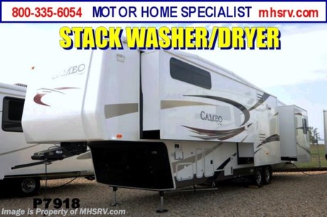 Used Carriage RV for Sale- 2011 Carriage Cameo (37CKSLS) is approximately 37 feet in length with 3 slides, 5.5KW Onan generator, 2 power patio awnings, gas/electric water heater, 50 Amp service, pass-thru storage, aluminum wheels, black tank rinsing system, exterior shower, roof ladder, automatic hydraulic leveling system, leather sofa with sleeper, free standing table, surround sound system, 2 Lazy Boy style recliners, computer desk, day/night shades, ceiling fan, kitchen island, microwave, 3 burner range with oven, central vacuum, sink covers, all in 1 bath, solid surface counters, washer/dryer stack, glass door shower with seat, pillow top mattress, 2 ducted roof A/Cs with heat pump and 2 LCD TVs. For additional information and photos please visit Motor Home Specialist at www.MHSRV .com or call 800-335-6054.