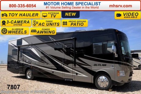 /TX 7/1/14 &lt;a href=&quot;http://www.mhsrv.com/thor-motor-coach/&quot;&gt;&lt;img src=&quot;http://www.mhsrv.com/images/sold-thor.jpg&quot; width=&quot;383&quot; height=&quot;141&quot; border=&quot;0&quot;/&gt;&lt;/a&gt; 2014 CLOSEOUT! Receive a $1,000 VISA Gift Card with purchase from Motor Home Specialist while supplies last!     &lt;object width=&quot;400&quot; height=&quot;300&quot;&gt;&lt;param name=&quot;movie&quot; value=&quot;//www.youtube.com/v/IgC0KTermZs?version=3&amp;amp;hl=en_US&quot;&gt;&lt;/param&gt;&lt;param name=&quot;allowFullScreen&quot; value=&quot;true&quot;&gt;&lt;/param&gt;&lt;param name=&quot;allowscriptaccess&quot; value=&quot;always&quot;&gt;&lt;/param&gt;&lt;embed src=&quot;//www.youtube.com/v/IgC0KTermZs?version=3&amp;amp;hl=en_US&quot; type=&quot;application/x-shockwave-flash&quot; width=&quot;400&quot; height=&quot;300&quot; allowscriptaccess=&quot;always&quot; allowfullscreen=&quot;true&quot;&gt;&lt;/embed&gt;&lt;/object&gt;  MSRP $173,168. New 2014 Thor Motor Coach Outlaw Toy Hauler. Model 37LS with slide-out room, Ford 26-Series chassis with Triton V-10 engine, frameless windows, high polished aluminum wheels, as well as drop down ramp door with spring assist &amp; railing for patio use. This unit measures approximately 38 feet 4 inches in length. Options include the Liquid Asset full body exterior, an electric overhead hide-away bunk, dual cargo sofas in garage area and dual pane windows. The Outlaw toy hauler RV has an incredible list of standard features for 2014 including a full body exterior paint job, beautiful wood &amp; interior decor packages, (4) LCD TVs including and exterior entertainment center, large living room LCD TV on slide-out, LCD TV in loft and LCD TV in garage. You will also find a premium sound system, (3) A/C units, stereo in garage, exterior stereo speakers and audio controls, power patio awing, dual side entrance doors, fueling station, 1-piece windshield, a 5500 Onan generator, back-up camera, automatic leveling system, Soft Touch leather furniture, leatherette sofa with sleeper, day/night shades and much more. For additional photos, details, videos &amp; SALE PRICE please visit Motor Home Specialist, the #1 Volume Selling Dealer in the World, at MHSRV .com or Call 800-335-6054. At Motor Home Specialist we DO NOT charge any prep or orientation fees like you will find at other dealerships. All sale prices include a 200 point inspection, interior &amp; exterior wash &amp; detail of vehicle, a thorough coach orientation with an MHS technician, an RV Starter&#39;s kit, a nights stay in our delivery park featuring landscaped and covered pads with full hook-ups and much more! Read From Thousands of Testimonials at MHSRV .com and See What They Had to Say About Their Experience at Motor Home Specialist. WHY PAY MORE?...... WHY SETTLE FOR LESS?