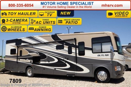 /AZ 8/25/14 &lt;a href=&quot;http://www.mhsrv.com/thor-motor-coach/&quot;&gt;&lt;img src=&quot;http://www.mhsrv.com/images/sold-thor.jpg&quot; width=&quot;383&quot; height=&quot;141&quot; border=&quot;0&quot;/&gt;&lt;/a&gt; World&#39;s RV Show Sale Priced Now Through Sept 6th. Call 800-335-6054 for Details.  Family Owned &amp; Operated and the #1 Volume Selling Motor Home Dealer in the World as well as the #1 Thor Motor Coach Dealer in the World. &lt;object width=&quot;400&quot; height=&quot;300&quot;&gt;&lt;param name=&quot;movie&quot; value=&quot;//www.youtube.com/v/IgC0KTermZs?version=3&amp;amp;hl=en_US&quot;&gt;&lt;/param&gt;&lt;param name=&quot;allowFullScreen&quot; value=&quot;true&quot;&gt;&lt;/param&gt;&lt;param name=&quot;allowscriptaccess&quot; value=&quot;always&quot;&gt;&lt;/param&gt;&lt;embed src=&quot;//www.youtube.com/v/IgC0KTermZs?version=3&amp;amp;hl=en_US&quot; type=&quot;application/x-shockwave-flash&quot; width=&quot;400&quot; height=&quot;300&quot; allowscriptaccess=&quot;always&quot; allowfullscreen=&quot;true&quot;&gt;&lt;/embed&gt;&lt;/object&gt;   MSRP $174,444. New 2015 Thor Motor Coach Outlaw Toy Hauler. Model 37LS with slide-out room, Ford 26-Series chassis with Triton V-10 engine, frameless windows, high polished aluminum wheels, as well as drop down ramp door with spring assist &amp; railing for patio use. This unit measures approximately 38 feet 4 inches in length. Options include the Rock Island full body exterior, an electric overhead hide-away bunk, dual cargo sofas in garage area and frameless dual pane windows. The Outlaw toy hauler RV has an incredible list of standard features for 2015 including beautiful wood &amp; interior decor packages, (4) LCD TVs including an exterior entertainment center, large living room LCD TV on slide-out, LCD TV in loft and LCD TV in garage. You will also find a premium sound system, (3) A/C units, Bluetooth enable coach radio system with exterior speakers, power patio awing with integrated LED lighting, dual side entrance doors, fueling station, 1-piece windshield, a 5500 Onan generator, 3 camera monitoring system, automatic leveling system, Soft Touch leather furniture, leatherette sofa with sleeper, day/night shades and much more. For additional coach information, brochure, window sticker, videos, photos &amp; reviews &amp; testimonials please visit Motor Home Specialist at MHSRV .com or call 800-335-6054. At MHS we DO NOT charge any prep or orientation fees like you will find at other dealerships. All sale prices include a 200 point inspection, interior &amp; exterior wash &amp; detail of vehicle, a thorough coach orientation with an MHS technician, an RV Starter&#39;s kit, a nights stay in our delivery park featuring landscaped and covered pads with full hook-ups and much more. WHY PAY MORE?... WHY SETTLE FOR LESS?