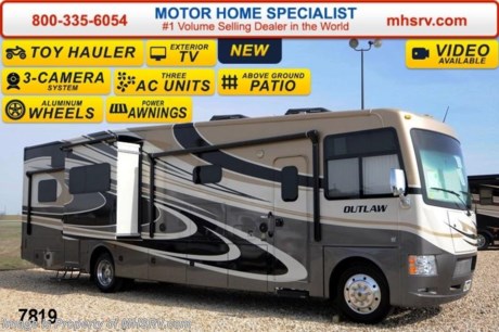 /WI 8/25/14 &lt;a href=&quot;http://www.mhsrv.com/thor-motor-coach/&quot;&gt;&lt;img src=&quot;http://www.mhsrv.com/images/sold-thor.jpg&quot; width=&quot;383&quot; height=&quot;141&quot; border=&quot;0&quot;/&gt;&lt;/a&gt; 2014 CLOSEOUT! World&#39;s RV Show Sale Priced Now Through Sept 6th. Call 800-335-6054 for Details. Receive a $1,000 VISA Gift Card with purchase from Motor Home Specialist while supplies last.   &lt;object width=&quot;400&quot; height=&quot;300&quot;&gt;&lt;param name=&quot;movie&quot; value=&quot;//www.youtube.com/v/IgC0KTermZs?version=3&amp;amp;hl=en_US&quot;&gt;&lt;/param&gt;&lt;param name=&quot;allowFullScreen&quot; value=&quot;true&quot;&gt;&lt;/param&gt;&lt;param name=&quot;allowscriptaccess&quot; value=&quot;always&quot;&gt;&lt;/param&gt;&lt;embed src=&quot;//www.youtube.com/v/IgC0KTermZs?version=3&amp;amp;hl=en_US&quot; type=&quot;application/x-shockwave-flash&quot; width=&quot;400&quot; height=&quot;300&quot; allowscriptaccess=&quot;always&quot; allowfullscreen=&quot;true&quot;&gt;&lt;/embed&gt;&lt;/object&gt;  MSRP $179,167. New 2014 Thor Motor Coach Outlaw Toy Hauler. Model 37MD with 2 slide-out rooms and Ford 26-Series chassis with Triton V-10 engine, U-shaped dinette booth, frameless windows, high polished aluminum wheels, as well as drop down ramp door with spring assist &amp; railing for patio use. This unit measures approximately 38 feet 7 inches in length. Optional equipment includes the Rock Island full body paint, electric overhead hide-away bunk, dual cargo sofas in garage area and dual pane windows. The Outlaw toy hauler RV has an incredible list of standard features for 2014 including beautiful wood &amp; interior decor packages, (5) Flat Panel TVs including an exterior entertainment center, TV in loft, garage, main living room and 2nd living room. You will also find a theater sound system with hidden sub woofer, stereo in garage, exterior stereo speakers and audio controls, power patio awing, dual side entrance doors, fueling station, 1-piece windshield, a 5500 Onan generator, back-up &amp; side view cameras, automatic leveling system, Soft Touch leatherette furniture, leatherette sofa with sleeper, day/night shades and much more. For additional photos, details, videos &amp; SALE PRICE please visit Motor Home Specialist, the #1 Volume Selling Dealer in the World, at MHSRV .com or Call 800-335-6054. At Motor Home Specialist we DO NOT charge any prep or orientation fees like you will find at other dealerships. All sale prices include a 200 point inspection, interior &amp; exterior wash &amp; detail of vehicle, a thorough coach orientation with an MHS technician, an RV Starter&#39;s kit, a nights stay in our delivery park featuring landscaped and covered pads with full hook-ups and much more! Read From Thousands of Testimonials at MHSRV .com and See What They Had to Say About Their Experience at Motor Home Specialist. WHY PAY MORE?...... WHY SETTLE FOR LESS?