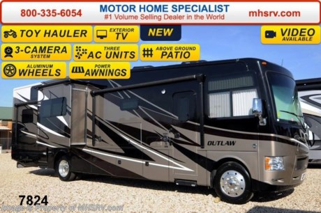/ca 5/1/14 &lt;a href=&quot;http://www.mhsrv.com/thor-motor-coach/&quot;&gt;&lt;img src=&quot;http://www.mhsrv.com/images/sold-thor.jpg&quot; width=&quot;383&quot; height=&quot;141&quot; border=&quot;0&quot;/&gt;&lt;/a&gt; 2014 CLOSEOUT! Receive a $1,000 VISA Gift Card with purchase from Motor Home Specialist while supplies last!   &lt;object width=&quot;400&quot; height=&quot;300&quot;&gt;&lt;param name=&quot;movie&quot; value=&quot;//www.youtube.com/v/IgC0KTermZs?version=3&amp;amp;hl=en_US&quot;&gt;&lt;/param&gt;&lt;param name=&quot;allowFullScreen&quot; value=&quot;true&quot;&gt;&lt;/param&gt;&lt;param name=&quot;allowscriptaccess&quot; value=&quot;always&quot;&gt;&lt;/param&gt;&lt;embed src=&quot;//www.youtube.com/v/IgC0KTermZs?version=3&amp;amp;hl=en_US&quot; type=&quot;application/x-shockwave-flash&quot; width=&quot;400&quot; height=&quot;300&quot; allowscriptaccess=&quot;always&quot; allowfullscreen=&quot;true&quot;&gt;&lt;/embed&gt;&lt;/object&gt;  MSRP $179,167. New 2014 Thor Motor Coach Outlaw Toy Hauler. Model 37MD with 2 slide-out rooms and Ford 26-Series chassis with Triton V-10 engine, U-shaped dinette booth, frameless windows, high polished aluminum wheels, as well as drop down ramp door with spring assist &amp; railing for patio use. This unit measures approximately 38 feet 7 inches in length. Optional equipment includes the Liquid Asset full body paint, electric overhead hide-away bunk, dual cargo sofas in garage area and dual pane windows. The Outlaw toy hauler RV has an incredible list of standard features for 2014 including beautiful wood &amp; interior decor packages, (5) Flat Panel TVs including an exterior entertainment center, TV in loft, garage, main living room and 2nd living room. You will also find a theater sound system with hidden sub woofer, stereo in garage, exterior stereo speakers and audio controls, power patio awing, dual side entrance doors, fueling station, 1-piece windshield, a 5500 Onan generator, back-up &amp; side view cameras, automatic leveling system, Soft Touch leatherette furniture, hide-a-bed sofa with power inflate &amp; deflate controls, day/night shades and much more. For additional photos, details, videos &amp; SALE PRICE please visit Motor Home Specialist, the #1 Volume Selling Dealer in the World, at MHSRV .com or Call 800-335-6054. At Motor Home Specialist we DO NOT charge any prep or orientation fees like you will find at other dealerships. All sale prices include a 200 point inspection, interior &amp; exterior wash &amp; detail of vehicle, a thorough coach orientation with an MHS technician, an RV Starter&#39;s kit, a nights stay in our delivery park featuring landscaped and covered pads with full hook-ups and much more! Read From Thousands of Testimonials at MHSRV .com and See What They Had to Say About Their Experience at Motor Home Specialist. WHY PAY MORE?...... WHY SETTLE FOR LESS?