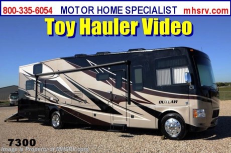 /MT 1/31/2014 &lt;a href=&quot;http://www.mhsrv.com/thor-motor-coach/&quot;&gt;&lt;img src=&quot;http://www.mhsrv.com/images/sold-thor.jpg&quot; width=&quot;383&quot; height=&quot;141&quot; border=&quot;0&quot;/&gt;&lt;/a&gt; OVER-STOCKED CONSTRUCTION SALE at The #1 Volume Selling Motor Home Dealer in the World! Close-Out Pricing on Over 750 New Units and MHSRV Camper&#39;s Package While Supplies Last! Visit MHSRV .com or Call 800-335-6054 for complete details.     &lt;object width=&quot;400&quot; height=&quot;300&quot;&gt;&lt;param name=&quot;movie&quot; value=&quot;//www.youtube.com/v/IgC0KTermZs?version=3&amp;amp;hl=en_US&quot;&gt;&lt;/param&gt;&lt;param name=&quot;allowFullScreen&quot; value=&quot;true&quot;&gt;&lt;/param&gt;&lt;param name=&quot;allowscriptaccess&quot; value=&quot;always&quot;&gt;&lt;/param&gt;&lt;embed src=&quot;//www.youtube.com/v/IgC0KTermZs?version=3&amp;amp;hl=en_US&quot; type=&quot;application/x-shockwave-flash&quot; width=&quot;400&quot; height=&quot;300&quot; allowscriptaccess=&quot;always&quot; allowfullscreen=&quot;true&quot;&gt;&lt;/embed&gt;&lt;/object&gt;  MSRP $167,664. New 2014 Thor Motor Coach Outlaw Toy Hauler. Model 37LS with slide-out room, Ford 26-Series chassis with Triton V-10 engine, frameless windows, high polished aluminum wheels, as well as drop down ramp door with spring assist &amp; railing for patio use. This unit measures approximately 38 feet 4 inches in length. Options include the Liquid Asset full body exterior, an electric overhead hide-away bunk and dual cargo sofas in garage area. The Outlaw toy hauler RV has an incredible list of standard features for 2014 including a full body exterior paint job, beautiful wood &amp; interior decor packages, (4) LCD TVs including and exterior entertainment center, large living room LCD TV on slide-out, LCD TV in loft and LCD TV in garage. You will also find a premium sound system, (3) A/C units, stereo in garage, exterior stereo speakers and audio controls, power patio awing, dual side entrance doors, fueling station, 1-piece windshield, a 5500 Onan generator, back-up camera, automatic leveling system, Soft Touch leather furniture, hide-a-bed sofa with power inflate &amp; deflate controls, day/night shades and much more. For additional photos, details, videos &amp; SALE PRICE please visit Motor Home Specialist, the #1 Volume Selling Dealer in the World, at MHSRV .com or Call 800-335-6054. At Motor Home Specialist we DO NOT charge any prep or orientation fees like you will find at other dealerships. All sale prices include a 200 point inspection, interior &amp; exterior wash &amp; detail of vehicle, a thorough coach orientation with an MHS technician, an RV Starter&#39;s kit, a nights stay in our delivery park featuring landscaped and covered pads with full hook-ups and much more! Read From Thousands of Testimonials at MHSRV .com and See What They Had to Say About Their Experience at Motor Home Specialist. WHY PAY MORE?...... WHY SETTLE FOR LESS?