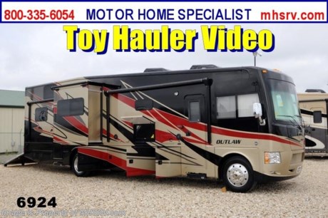 /OH 12/5/1213 &lt;a href=&quot;http://www.mhsrv.com/thor-motor-coach/&quot;&gt;&lt;img src=&quot;http://www.mhsrv.com/images/sold-thor.jpg&quot; width=&quot;383&quot; height=&quot;141&quot; border=&quot;0&quot; /&gt;&lt;/a&gt; YEAR END CLOSE-OUT! Purchase this unit anytime before Dec. 30th, 2013 and receive a $2,000 VISA Gift Card. MHSRV will also Donate $1,000 to Cook Children&#39;s. Complete details at MHSRV .com or 800-335-6054. For the Lowest Price &amp; Largest Selection Visit Motor Home Specialist, the #1 Volume Selling Dealer in the World!   &lt;object width=&quot;400&quot; height=&quot;300&quot;&gt;&lt;param name=&quot;movie&quot; value=&quot;http://www.youtube.com/v/3ISEXmsKvKw?version=3&amp;amp;hl=en_US&quot;&gt;&lt;/param&gt;&lt;param name=&quot;allowFullScreen&quot; value=&quot;true&quot;&gt;&lt;/param&gt;&lt;param name=&quot;allowscriptaccess&quot; value=&quot;always&quot;&gt;&lt;/param&gt;&lt;embed src=&quot;http://www.youtube.com/v/3ISEXmsKvKw?version=3&amp;amp;hl=en_US&quot; type=&quot;application/x-shockwave-flash&quot; width=&quot;400&quot; height=&quot;300&quot; allowscriptaccess=&quot;always&quot; allowfullscreen=&quot;true&quot;&gt;&lt;/embed&gt;&lt;/object&gt; MSRP $173,874. New 2014 Thor Motor Coach Outlaw Toy Hauler. Model 37MD with 2 slide-out rooms and Ford 26-Series chassis with Triton V-10 engine, U-shaped dinette booth, frameless windows, high polished aluminum wheels, as well as drop down ramp door with spring assist &amp; railing for patio use. This unit measures approximately 38 feet 7 inches in length. Optional equipment includes the Tango Red full body paint, electric overhead hide-away bunk and dual cargo sofas in garage area.  The Outlaw toy hauler RV has an incredible list of standard features for 2014 including beautiful wood &amp; interior decor packages, (5) Flat Panel TVs including an exterior entertainment center, TV in loft, garage, main living room and 2nd living room. You will also find a theater sound system with hidden sub woofer, stereo in garage, exterior stereo speakers and audio controls, power patio awing, dual side entrance doors, fueling station, 1-piece windshield, a 5500 Onan generator, back-up &amp; side view cameras, automatic leveling system, Soft Touch leatherette furniture, hide-a-bed sofa with power inflate &amp; deflate controls, day/night shades and much more. For additional photos, details, videos &amp; SALE PRICE please visit Motor Home Specialist, the #1 Volume Selling Dealer in the World, at MHSRV .com or Call 800-335-6054. At Motor Home Specialist we DO NOT charge any prep or orientation fees like you will find at other dealerships. All sale prices include a 200 point inspection, interior &amp; exterior wash &amp; detail of vehicle, a thorough coach orientation with an MHS technician, an RV Starter&#39;s kit, a nights stay in our delivery park featuring landscaped and covered pads with full hook-ups and much more! Read From Thousands of Testimonials at MHSRV .com and See What They Had to Say About Their Experience at Motor Home Specialist. WHY PAY MORE?...... WHY SETTLE FOR LESS?