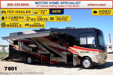 /NJ 7/14/14 &lt;a href=&quot;http://www.mhsrv.com/thor-motor-coach/&quot;&gt;&lt;img src=&quot;http://www.mhsrv.com/images/sold-thor.jpg&quot; width=&quot;383&quot; height=&quot;141&quot; border=&quot;0&quot; /&gt;&lt;/a&gt; 2014 CLOSEOUT! Receive a $1,000 VISA Gift Card with purchase from Motor Home Specialist while supplies last!     &lt;object width=&quot;400&quot; height=&quot;300&quot;&gt;&lt;param name=&quot;movie&quot; value=&quot;//www.youtube.com/v/IgC0KTermZs?version=3&amp;amp;hl=en_US&quot;&gt;&lt;/param&gt;&lt;param name=&quot;allowFullScreen&quot; value=&quot;true&quot;&gt;&lt;/param&gt;&lt;param name=&quot;allowscriptaccess&quot; value=&quot;always&quot;&gt;&lt;/param&gt;&lt;embed src=&quot;//www.youtube.com/v/IgC0KTermZs?version=3&amp;amp;hl=en_US&quot; type=&quot;application/x-shockwave-flash&quot; width=&quot;400&quot; height=&quot;300&quot; allowscriptaccess=&quot;always&quot; allowfullscreen=&quot;true&quot;&gt;&lt;/embed&gt;&lt;/object&gt;  MSRP $166,464. New 2014 Thor Motor Coach Outlaw Toy Hauler. Model 37LS with slide-out room, Ford 26-Series chassis with Triton V-10 engine, frameless windows and high polished aluminum wheels. This unit measures approximately 38 feet 4 inches in length. Options include the Tango Red full body exterior, an electric overhead hide-away bunk, dual cargo sofas in garage area as well as drop down ramp door with spring assist &amp; railing for patio use. The Outlaw toy hauler RV has an incredible list of standard features for 2014 including a full body exterior paint job, beautiful wood &amp; interior decor packages, (4) LCD TVs including and exterior entertainment center, large living room LCD TV on slide-out, LCD TV in loft and LCD TV in garage. You will also find a premium sound system, (3) A/C units, stereo in garage, exterior stereo speakers and audio controls, power patio awing, dual side entrance doors, fueling station, 1-piece windshield, a 5500 Onan generator, back-up camera, automatic leveling system, Soft Touch leather furniture, leatherette sofa sleeper, day/night shades and much more. For additional photos, details, videos &amp; SALE PRICE please visit Motor Home Specialist, the #1 Volume Selling Dealer in the World, at MHSRV .com or Call 800-335-6054. At Motor Home Specialist we DO NOT charge any prep or orientation fees like you will find at other dealerships. All sale prices include a 200 point inspection, interior &amp; exterior wash &amp; detail of vehicle, a thorough coach orientation with an MHS technician, an RV Starter&#39;s kit, a nights stay in our delivery park featuring landscaped and covered pads with full hook-ups and much more! Read From Thousands of Testimonials at MHSRV .com and See What They Had to Say About Their Experience at Motor Home Specialist. WHY PAY MORE?...... WHY SETTLE FOR LESS?
