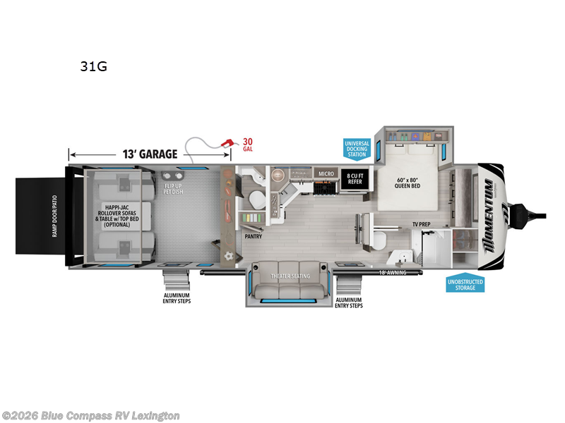 2026 Grand Design Momentum G-Class 31G - New Toy Hauler For Sale by Blue Compass RV Lexington in Georgetown, Kentucky features Slideout
