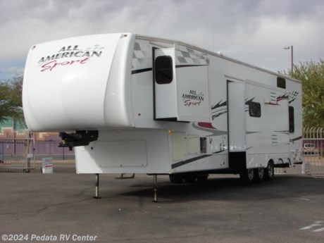&lt;p&gt;&amp;nbsp;&lt;/p&gt;

&lt;p&gt;This Forest River All American Sport is a wonderful fifth wheel toy hauler with plenty of space and comfort for your next trip.&amp;nbsp; Features include: ceiling fan, fantastic fan, refrigerator, microwave, entertainment center, 5.1 surround sound, large pantry, built in generator, fuel station, ducted A/C, exterior speakers, exterior shower, and a Trail Air Air Ride. For complete information call us toll free at 888-545-8314.&lt;/p&gt;
