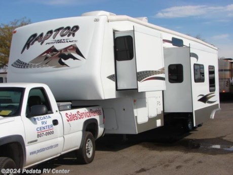 &lt;p&gt;3.99% Financing with 10% down +TTL, OAC. NO COST TO YOU. This is not a misprint. &amp;nbsp;This 2006 Keystone Raptor is a spacious toy hauler with plenty of room to relax in.&amp;nbsp; Features include: wrap around kitchen, microwave oven, built-in generator, fuel station, exterior entertainment center, patio awning, 5.1 surround sound, 2 A/Cs, fantastic fan, and an exterior shower. For complete information call us toll free at 888-545-8314.&lt;/p&gt;
