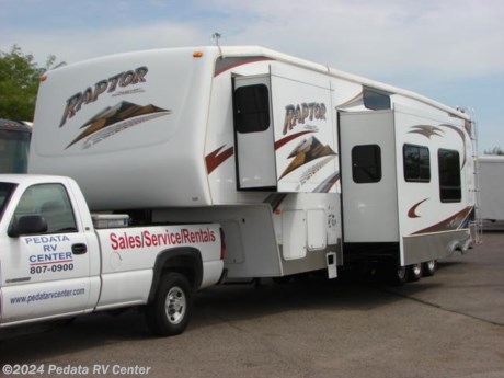 &lt;p&gt;This 2008 Keystone Raptor is a very nice fifth wheel toy hauler with everything that you need to take your bike and your home on an adventure.&amp;nbsp; Features include: ceiling fan, TV, DVD, stereo, CD, satellite radio, microwave, stove, oven, refrigerator, pantry, patio awning, exterior speakers, ducted A/C, built-in generator, built-in fuel station, office area, and an exterior shower. For complete information call us toll free at 888-545-8314.&lt;/p&gt;
