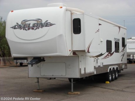 &lt;p&gt;This 2007 Heartland Cyclone is a spacious fifth wheel toy hauler with lots of storage and some comfortable extras.&amp;nbsp; Features include: TV, DVD, surround sound, refrigerator, microwave, stove, oven, fantastic fan with rain sensor, Onan 5500 Generator, fuel station, two A/C units, exterior speakers, and a patio awning. For complete information call us toll free at 888-545-8314.&lt;/p&gt;
