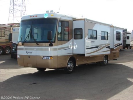 This Neptune is a great way to step into the quality of a Holiday Rambler.  Features include Corian counters, convection microwave oven, icemaker, legless dinette, Fantastic Fan with rain sensor, power inverter, TrueFlat TV, power awning, and side hinged cargo doors. For complete information call us toll free at 888-545-8314.
