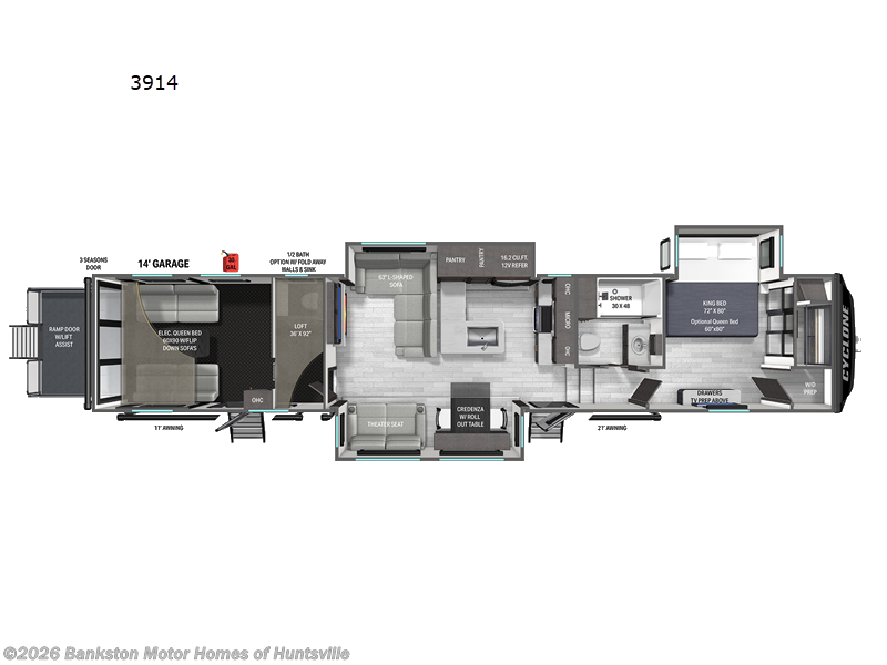 2026 Heartland Cyclone 3914 - New Toy Hauler For Sale by Bankston Motor Homes of Huntsville in Huntsville, Alabama features Slideout