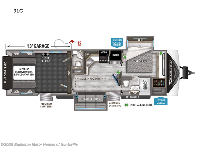 2023 Grand Design Momentum G-Class 31G - Used Toy Hauler For Sale by Bankston Motor Homes of Huntsville in Huntsville, Alabama features Slideout