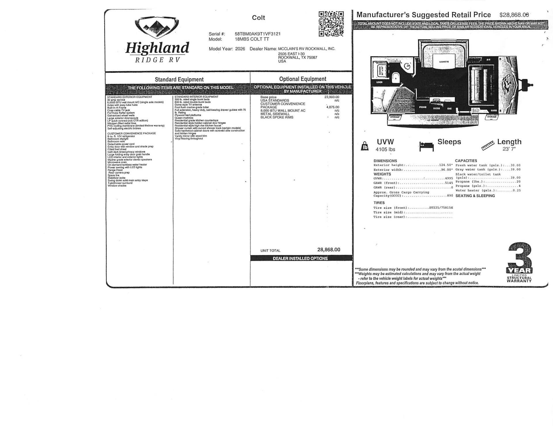 2026 Open Range CONV COLT 18MBS by Highland Ridge from McClain's RV Rockwall in Rockwall, Texas