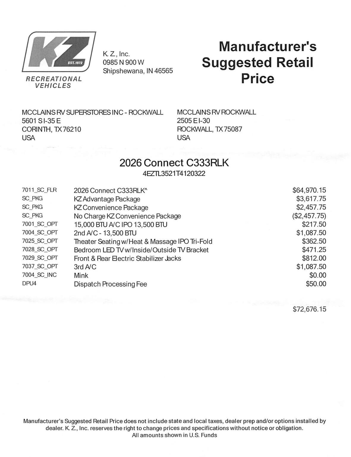2026 Connect 333RLK by K-Z from McClain's RV Rockwall in Rockwall, Texas
