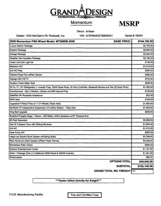 2026 Momentum 396DB by Grand Design from McClain's RV Rockwall in Rockwall, Texas