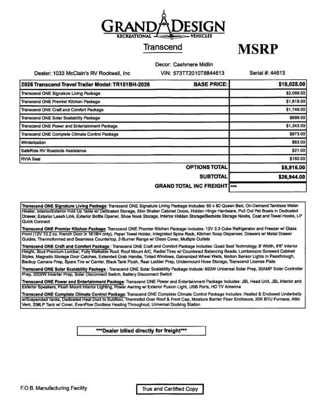 2026 Transcend One 151BH by Grand Design from McClain's RV Superstore in Corinth, Texas