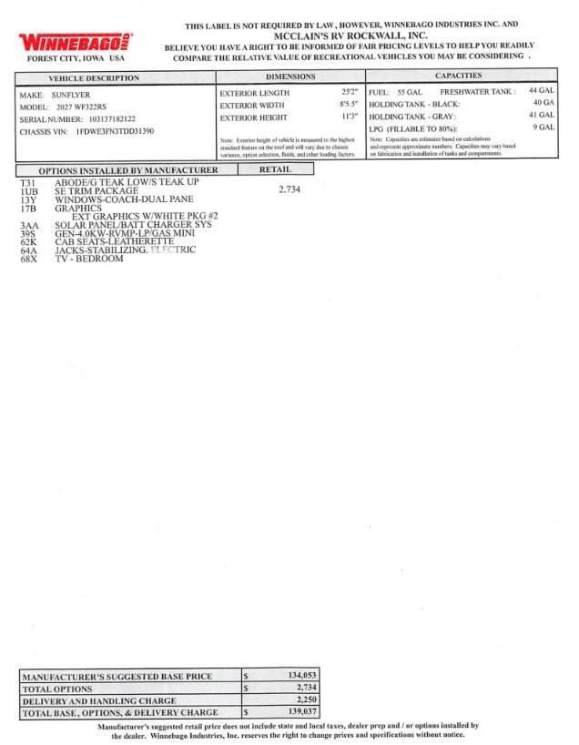 2027 Winnebago Sunflyer 22RS - New Class C For Sale by McClain's RV Rockwall in Rockwall, Texas