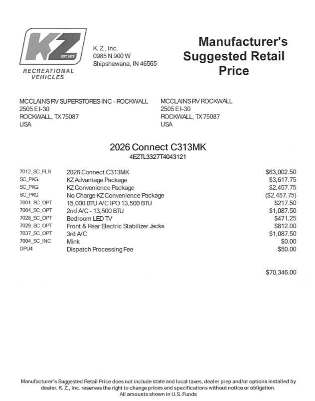 2026 K-Z Connect 313MK - New Travel Trailer For Sale by McClain's RV Rockwall in Rockwall, Texas