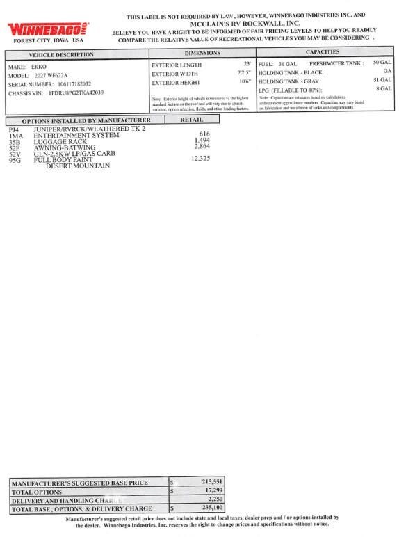 2027 Winnebago Ekko 22A - New Class C For Sale by McClain's RV Rockwall in Rockwall, Texas
