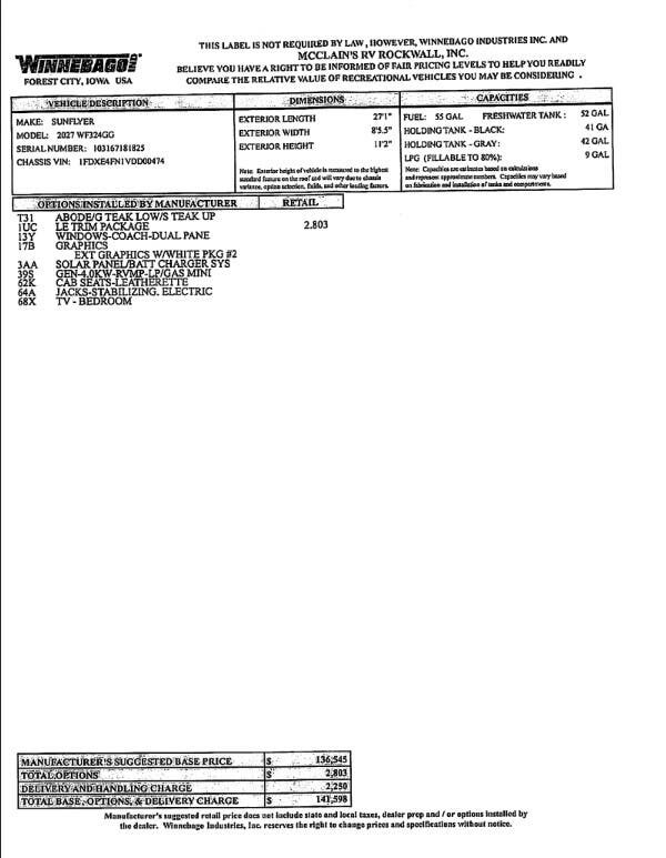 2027 Winnebago Sunflyer 24GG - New Class C For Sale by McClain's RV Rockwall in Rockwall, Texas