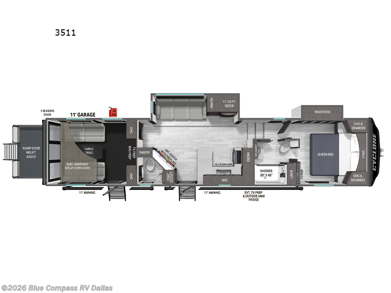 2027 Heartland Cyclone 3511 - New Toy Hauler For Sale by Blue Compass RV Dallas in Mesquite, Texas features Slideout