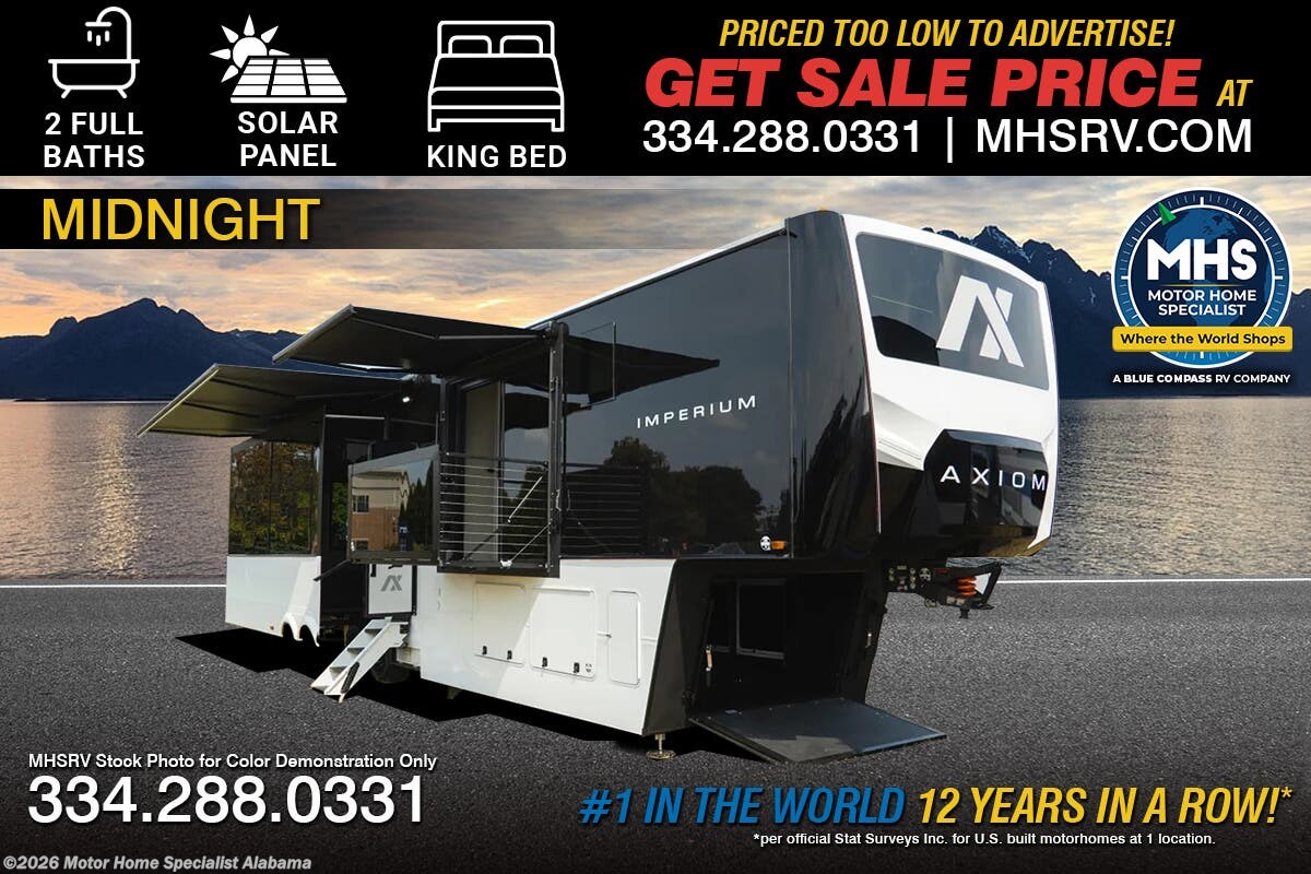 2026 Axiom Imperium I3900 2 Full Bath 5th Wheel W/ Solar, W/D, King Bed, Hydraulic Leveling &amp; More