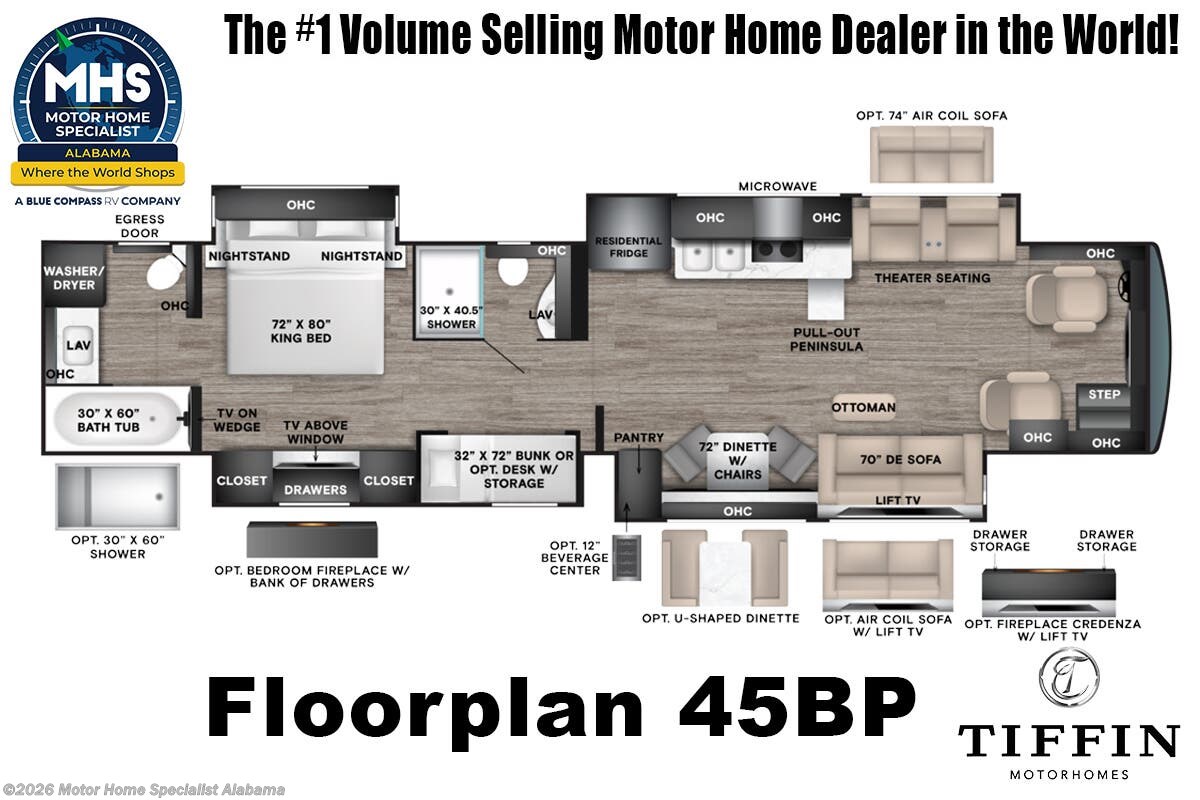 2027 Tiffin Allegro Bus 45 BP 2 Full Bath Bunk Model RV W/ Lithium Batteries, Stacked. W/D, Starlink, BSD, Gallery Window Pkg. &amp; More
