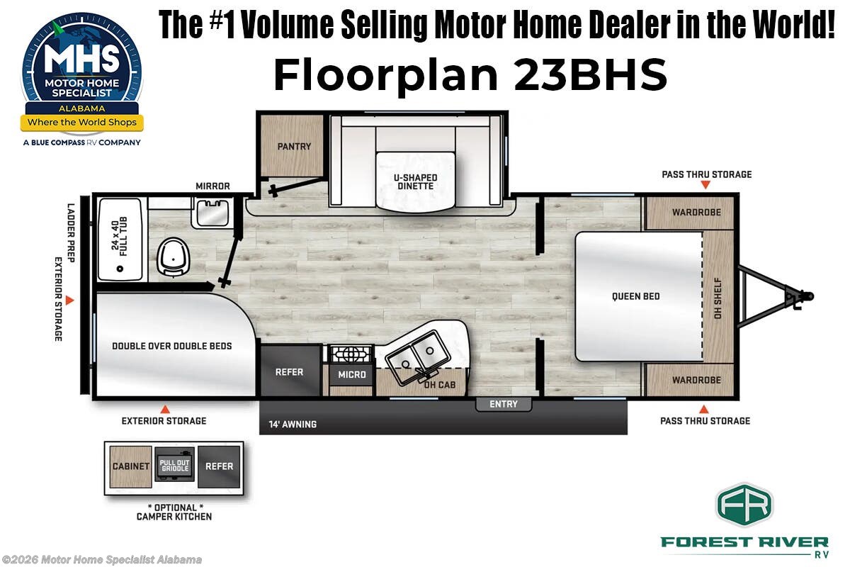 2026 Forest River Aurora Light 23BHS Travel Trailer W/ GE Kitchen Package, Outside Kitchen, Aurora Comfort Pkg. &amp; More Floorplan