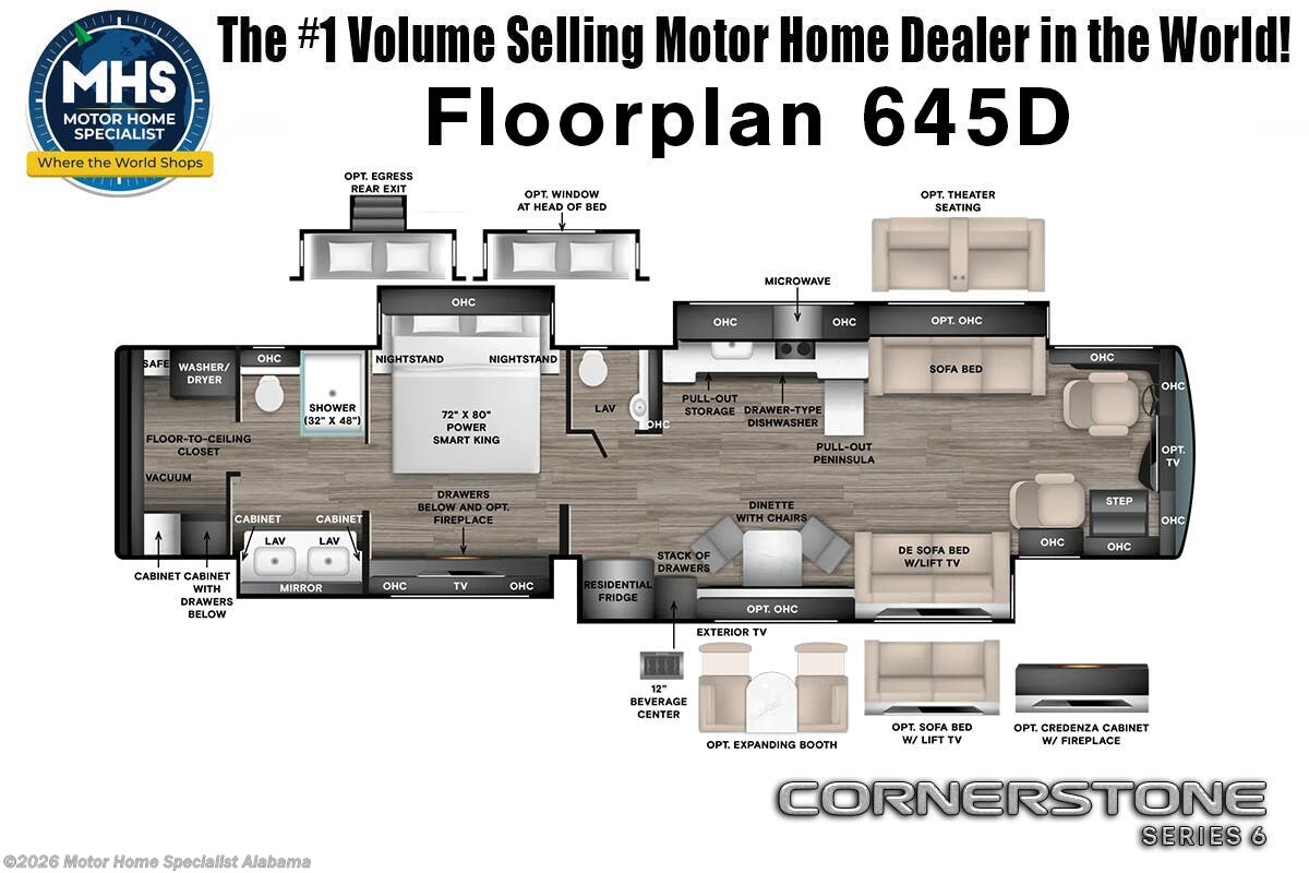 2027 Tiffin Cornerstone Series 6 645D - New Diesel Pusher For Sale by Motor Home Specialist Alabama in Montgomery, Alabama features Theater Seating, Bath & 1/2