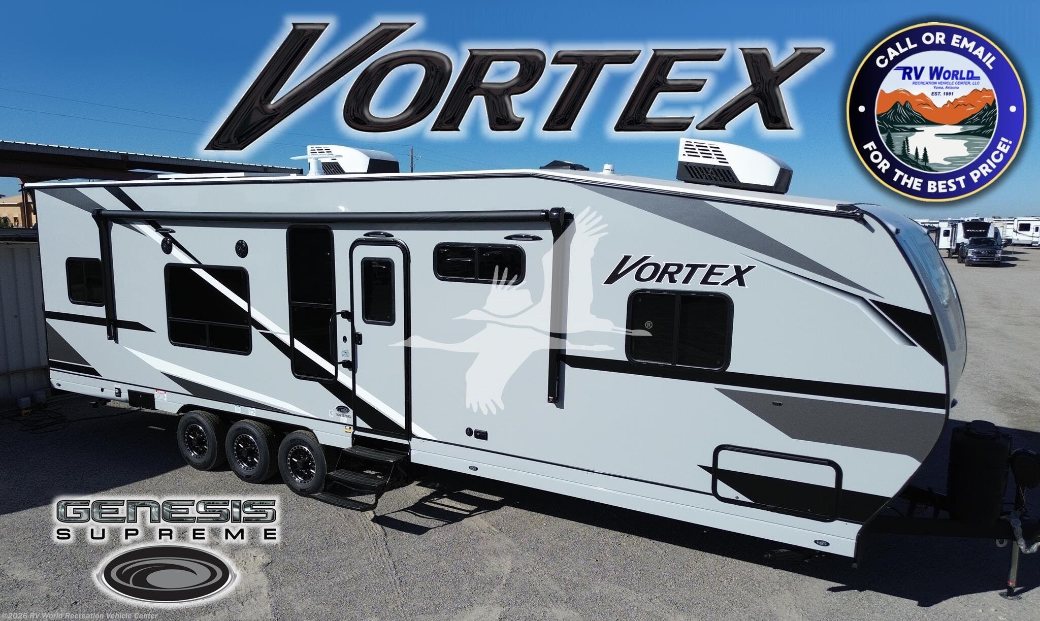 2026 Genesis Supreme Vortex V3215FSXL - New Toy Hauler For Sale by RV World Recreation Vehicle Center in Yuma, Arizona features Air Conditioning, Fireplace