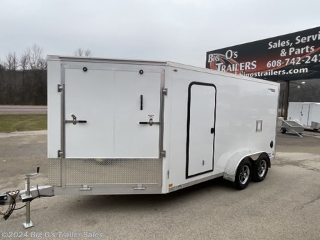 7X19TS
78&quot; INTERIOR HEIGHT
3500# 5 BOLT TORSION BRAKE AXLE
ST205 75R15 BLACK ALUM RADIAL
2 5/16 COUPLER
7 WAY PLUG
FRONT &amp; REAR RAMP DOOR BOTH WITH SPORT FLAP
1 ACCESS DOOR
4 DRINGS INSTALLED SLED LAYOUT