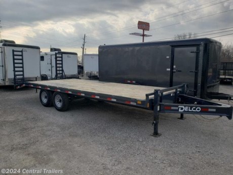 Delco I-Beam Bumper Pull Deck over, 102&quot;X22&#39;, 8&quot; I-Beam Inner Frame with 6&quot; Channel Outer Frame, 2 5/16 Adjustable Coupler, Bumper Pull, Cross Members 3&quot; I-Beam on 16&quot; Centers, (2) 7K lbs Axle, (2) 12K Spring Loaded Dual Jack, 3&#39; Dove Tail with Stand Up Ramps, Gray Powder Coat, Treated Pine Wood Deck Floor, (4) 10 ply Tires 235/80R/16 LRE Radials, 2&#39; Dove Tail.