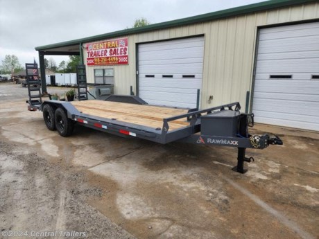 Rawmaxx Equipment Trailer, 7K Axles, 14 ply tires, 16&quot; 3&quot; Channel, Treated Wood, Stand Up Ramps, 2-5/16&quot; Ball, 7K Drop Leg Jack, Drive Over Fenders, D-Rings, 3 stage Powder Coat, Shadow Gray, Winch Plate, Tool Box, Full Leds.