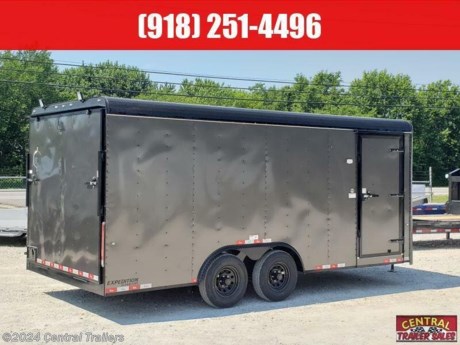 XP-85182 8.5X18 Charcoal Gray, Tandem Axle Expedition Series, 5.2K Axles, Black Caps and Mods, 7.0&#39; Ceiling Height, Charcoal Gray, Black Out, ESX Package, Spring Assisted Ramp, (2) Load Lights, 36&quot; Side Door with RV Latch, E-Track, (2) 12V LED Dome Lights with switch.