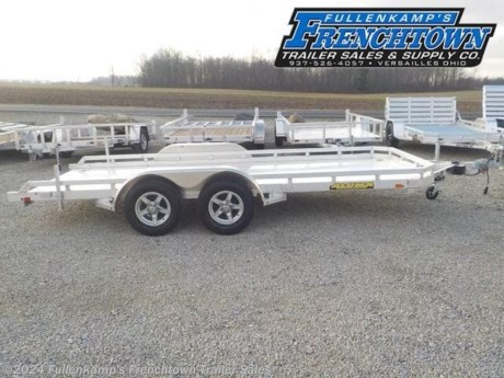 2023 ALUMA TRAILER MFG. MODEL 7816 R TANDEM UTILITY TRAILER, 101-1/2&#39;&#39; OVERALL WIDE, 77-1/2&#39;&#39; BETWEEN THE TANDEM ALUMINUM TEAR DROP REMOVABLE FENDERS, X 16&#39; LONG FLAT DECK, W/ SLIDE IN RAMPS, W/ DROP DOWN STABILIZER LEGS, &amp; 3 - STAKE POCKETS ON EACH SIDE, &amp; 4 - STAINLESS STEEL RECESSED &quot;D&quot; RING TIE DOWNS, 1500# SWIVEL JACK W/ CASTER WHEEL, 2-5/16&#39;&#39; BALL COUPLER W/ SAFETY CHAINS, ALUMINUM PLANK FLOORING, ST-205/75R X 14&#39;&#39; LOAD RANGE &quot;C&quot; RADIAL TIRES, 545 ALUMINUM WHEELS, 3500# TORSION AXLES, DOT LEGAL, RV PLUG, LED LIGHTS W/ SEALED HARNESS, ALL ALUMINUM CONSTRUCTION, 7000# GVWR, 1150# SHIPPING WEIGHT, SN: 1YGUS1620PB253538