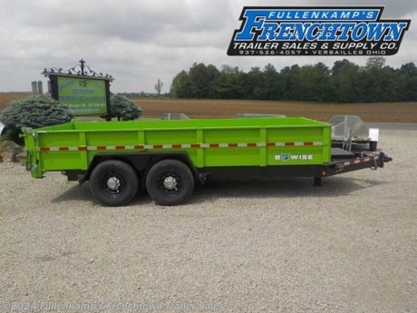 2023 B-WISE TRAILER MFG. MODEL DLP16-15 LO-PRO HYDRAULIC DUMP TRAILER, 102&#39;&#39; OVERALL WIDE, 82&#39;&#39; INSIDE THE BED W/ 22&#39;&#39; 12 GAUGE SIDES W/ STAKE POCKETS &amp; TIE RAIL, 10 GAUGE SMOOTH STEEL FLOORING W/ 6 - &quot;D&quot; RING TIE DOWNS, X 16&#39; LONG ON THE FLOOR, W/ A 3-WAY COMBO REAR GATE, BARN DOOR STYLE, LAY DOWN, &amp; SPREADER REAR GATE, 6&#39; SLIDE IN THE REAR RAMPS, &amp; REAR STABLIZER JACKS, SELF CONTAINED HYDRAULIC SYSTEM W/ POWER UP &amp; DOWN, HYDRAULIC JACK, 5&#39;&#39; CYLINDER SCISSORS LIFT, 47 DEGREE DUMP ANGLE, W/ A DEEP CYCLE BATTERY, W/ REMOTE CORD, &amp; CHARGE WIRE FROM THE TOW VEHICLE, TANDEM STEEL DIAMOND PLATE FENDERS, ST-235/80R X 16&#39;&#39; LOAD RANGE &quot;E&quot; TIRES, 8 - BOLT MOD WHEELS, 7000# SLIPPER SPRING AXLES, 3&#39;&#39; CHANNEL CROSSMEMBERS ON 16&#39;&#39; CENTERS, 8&#39;&#39; X 2&#39;&#39; TUBE MAIN FRAME, DOT LEGAL, RV PLUG, SPARE TIRE CARRIER ONLY, RUBBER MOUNTED LED LIGHTS, LIME GREEN / HTONE &amp; BLACK IN COLOR, 15400# GVWR, 4200# SHIPPING WEIGHT, SN: 58CB1DD21PC001333