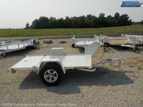 2024 ALUMA TRAILER MFG. MODEL MC2F FOLD UP 2 PLACE MOTORCYCLE TRAILER, 94&quot; OVERALL WIDE, 72&quot; WIDE BETWEEN THE FENDERS, X 9&#39; 7&quot; LONG BED W/ (4) MOTORCYCLE WELD ON TIE DOWN LOOPS W/ 1 RECESSED TIE DOWN, ALUMINUM TREAD PLATE 24&quot; TALL SALT / ROCK GUARD, 26-3/4&quot; WIDE X 56&quot; LONG PULL OUT REAR RAMP STORED UNDER BED, 89.5&quot; HIGH WHEN STANDING UP FOR STORAGE, SINGLE JEEP STYLE ALUMINUM FENDERS, 1200# SWIVEL TONGUE JACK W/ WHEEL, FOLDABLE STRAIGHT TONGUE W/ 2&quot; BALL COUPLER W/ SAFETY CHAINS, ALUMINUM PLANK FLOORING, ST205/ 75R 14 L.R. C RADIAL TIRES ON 5-4.5 B.P. ALUMINUM WHEELS, (1) 3500# RUBBER TORSION AXLE, NO BRAKES, E-Z LUBE HUBS, DOT LEGAL, LED LIGHTING PACKAGE, 4-FLAT PLUG, 2 EA 2&#39; MOTORCYCLE CHOCKS, ALUMINUM IN COLOR, 2990# GVWR, 625# SHIPPING WEIGHT, SN: 1YGUS0913RB271676