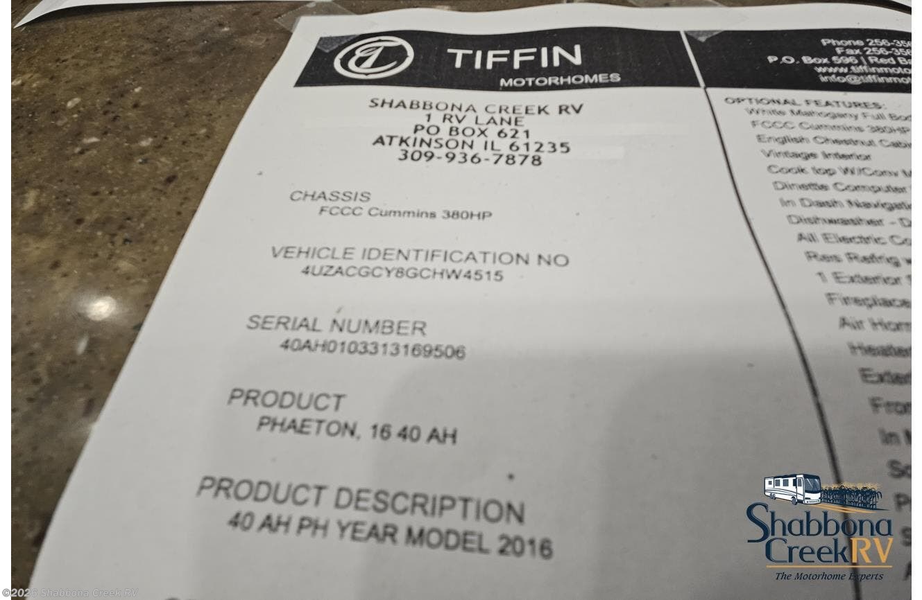 Used 2016 Tiffin Phaeton 40AH * available in Atkinson, Illinois