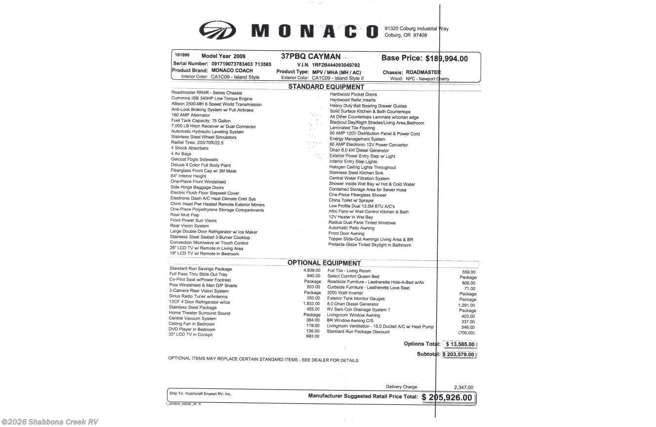 2009 Monaco RV Cayman 37PBQ * - Used Class A For Sale by Shabbona Creek RV in Atkinson, Illinois