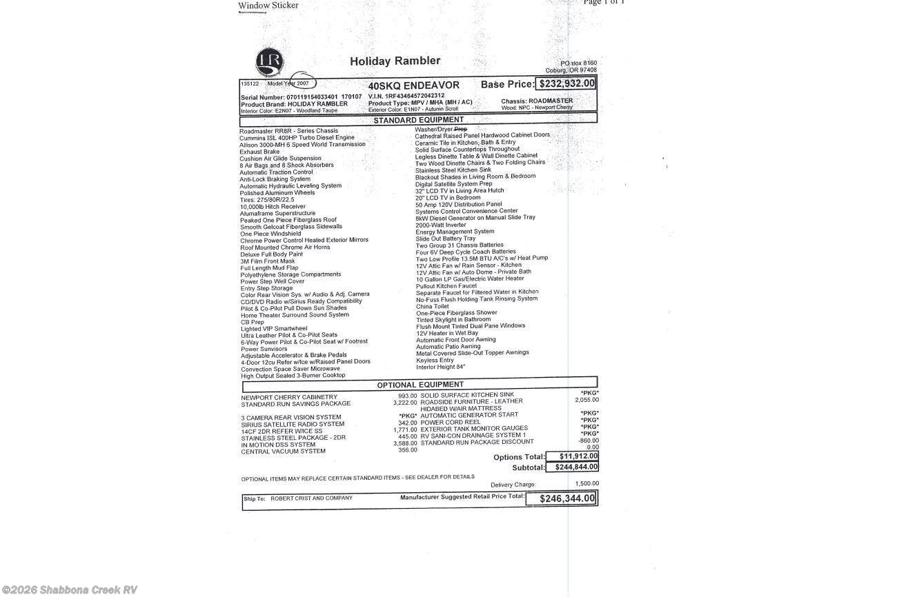2007 Holiday Rambler Endeavor 40SKQ * - Used Class A For Sale by Shabbona Creek RV in Atkinson, Illinois