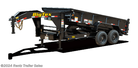 SUPER DUTY TANDEM AXLE GOOSENECK DUMP
The 16GX Super Duty Tandem Axle Gooseneck Dump from Big Tex Trailers is a heavy weight hauler with an 8&quot; I-Beam frame and 10&quot; I-Beam neck. Adding to the strength is the feature-rich performance of the dump box providing easy loading, securement, and unloading. 
SPECS
AXLE (2) 7,000# EZ Lube w/Elec. Brake 
JACK 12,000# Top Wind Drop Leg- OD; Dual 12,000# Drop Leg- Side Wind- OD GN 
TIRES T235/80 R-16 Load Range E 
FLOOR 10 Gauge Smooth Steel 
WHEEL 16&quot; x 6&quot;; Black Mod, 8 Bolt 
FINISH Superior Quality Finish is Applied for a Highly Decorative and Protective Finish. 
LIGHTS L.E.D. D.O.T. Stop, Tail, Turn and Clearance 
TONGUE Integral with Frame(12&quot; I-Beam, 14# ) 
COUPLER Adj. 2-5/16&quot; 18,000# Demco EZ Latch- OD; 2-5/16? Round Adj. Pin (25K) - OD GN 
G.V.W.R. 17,500 
ELEC. PLUG 7-Way RV 
MAIN FRAME 12&quot; I-Beam, 14# 
SUSPENSION Multi-Leaf Slipper Spring w/Equalizer 
FINISH (Prep) Steel is Cleaned to Ensure a Professional Smooth Finish. 
SAFETY CHAINS 3/8&quot; Grd. 70 w/Safety Latch Hook (2 each) 
DUMP BODY SIDES 18&quot; Tall, Drop-Down Sides (12 Gauge) 
DUMP BODY TOP RAIL 2&quot; x 2&quot; Square Tubing 
G.A.W.R. (Ea. Axle) 7,000 
DUMP BODY CROSSMEMBERS 3&quot; Channel, 16&quot; Centers