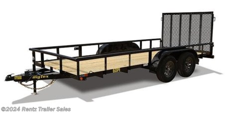 TANDEM AXLE PIPE TOP UTILITY TRAILER
The 60PI Tandem Axle Pipe Top Utility Trailer from Big Tex is perfect for hauling light equipment. Optional slide-in ramps allow for easy loading and unloading of equipment.
SPECS
AXLE (2) 3,500# EZ Lube w/ (1) Elec. Brake
JACK 2,000# Top Wind, Set-Back Jack
TIRES T205/75R-15 Load Range C
FLOOR 2&quot; Treated Pine or Douglas Fir*
FRAME 3&quot; x 2&quot; x 3/16&quot; Angle
WHEEL15&quot; x 5&quot;; Black Mod, 5 on 5 Bolt Pattern
FINISH Superior Quality Finish is Applied for a Highly Decorative and Protective Finish
LIGHTS L.E.D. D.O.T. Stop, Tail, Turn &amp; Clearance
TONGUE 4&quot; Channel
COUPLER 2&quot; A-Frame
FENDERS 9&quot; x 72&quot; Rolled Formed w/Back
G.V.W.R. 6,000#
TOP RAIL 2&quot; x 2&quot; Square Tubing
UPRIGHTS 2&quot; x 2&quot; x 1/8&quot; Angle
ELEC. PLUG 7-Way RV
HITCH TYPE Bumper Pull
SUSPENSION Multi-Leaf Spring w/ Equalizer
CROSSMEMBERS 3&quot; x 2&quot; x 3/16&quot; Angle
FINISH (Prep) Steel is Cleaned to Ensure a Professional, Smooth Finish
SAFETY CHAINS 1/4&quot; Grd. 30 w/Safety Latch Hook (2 ea)
G.A.W.R. (Ea. Axle) 3,500#