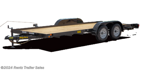 ECONOMY TANDEM AXLE CAR HAULER
The 60EC Tandem Axle Car Hauler from Big Tex is a durable economy-style car hauler that is great for autos, small tractors, ATVs and side-by-sides. Tie-down pockets on each side allow for multiple places to secure cargo. 
SPECS
AXLE(2) 3,500# EZ Lube w/ (1) Elec. Brake 
JACK 2,000# Top Wind 
TIRES T205/75D-15 Load Range C 
FLOOR 2&quot; Treated Pine or Douglas Fir* 
FRAME 5&quot; x 3&quot; x 1/4&quot; Angle (5/16&quot; on 18) 
SIDES None 
WHEEL 15&quot; x 5&quot;; Silver Mod, 5 on 5 Bolt Pattern 
FINISH Superior Quality Finish is Applied for a Highly Decorative and Protective Finish 
LIGHTS L.E.D. D.O.T. Stop, Tail, Turn &amp; Clearance 
TONGUE 4&quot; Channel 
COUPLER 2&quot; A-Frame 
FENDERS 9&quot; x 72&quot; Rolled Formed w/Back (Bolted On) 
G.V.W.R. 6,000# 
TOP RAIL NONE 
ELEC. PLUG 7-Way RV 
HITCH TYPE Bumper Pull 
SUSPENSION Multi-Leaf Spring w/ Equalizer 
CROSSMEMBERS 3&quot; x 2&quot; x 3/16&quot; Angle 
FINISH (Prep) Steel is Cleaned to Ensure a Professional, Smooth Finish 
SAFETY CHAINS 1/4&quot; Grd. 70 w/ Safety Latch Hook (2 each) 
G.A.W.R. (Ea. Axle) 3,500#
null