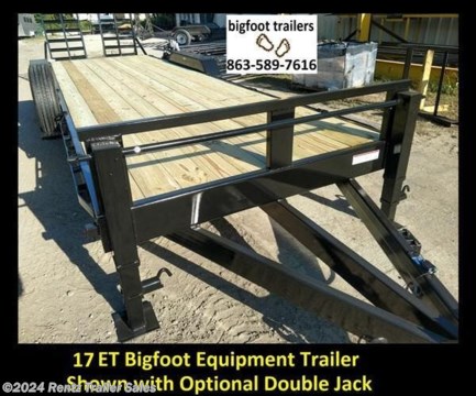 17ET Equipment Trailer
Standard Features
Available Sizes - 18ft - 26ft
Main Rails - 8&quot;x2&quot; Rect.Tubing
8,000lb Axles with brakes on both
Crossmembers - 4&quot; Channel Iron 16&quot; OC
Ramps - 60&quot; Flip Up with Stabilizer Stands
Tires - 17.5&quot; Radial Tires 14Ply
Jack - Upgraded 10,000lb
Wood - Prime 2x8 Pressure Treated
Lights - All DOT required LED
Tongue - 48&quot;. Tubing Wrapped to the Axles
Safety - Non-Required DOT tape and reflectors
Paint - Bigfoot Exclusive Paint System
Common Options
Extra D-Rings $8.00
Stake Pockets $5.00
Spare Tire Mount $150
Spare Tire $240
Winch Mount $150
Winch Battery Mount $50
null